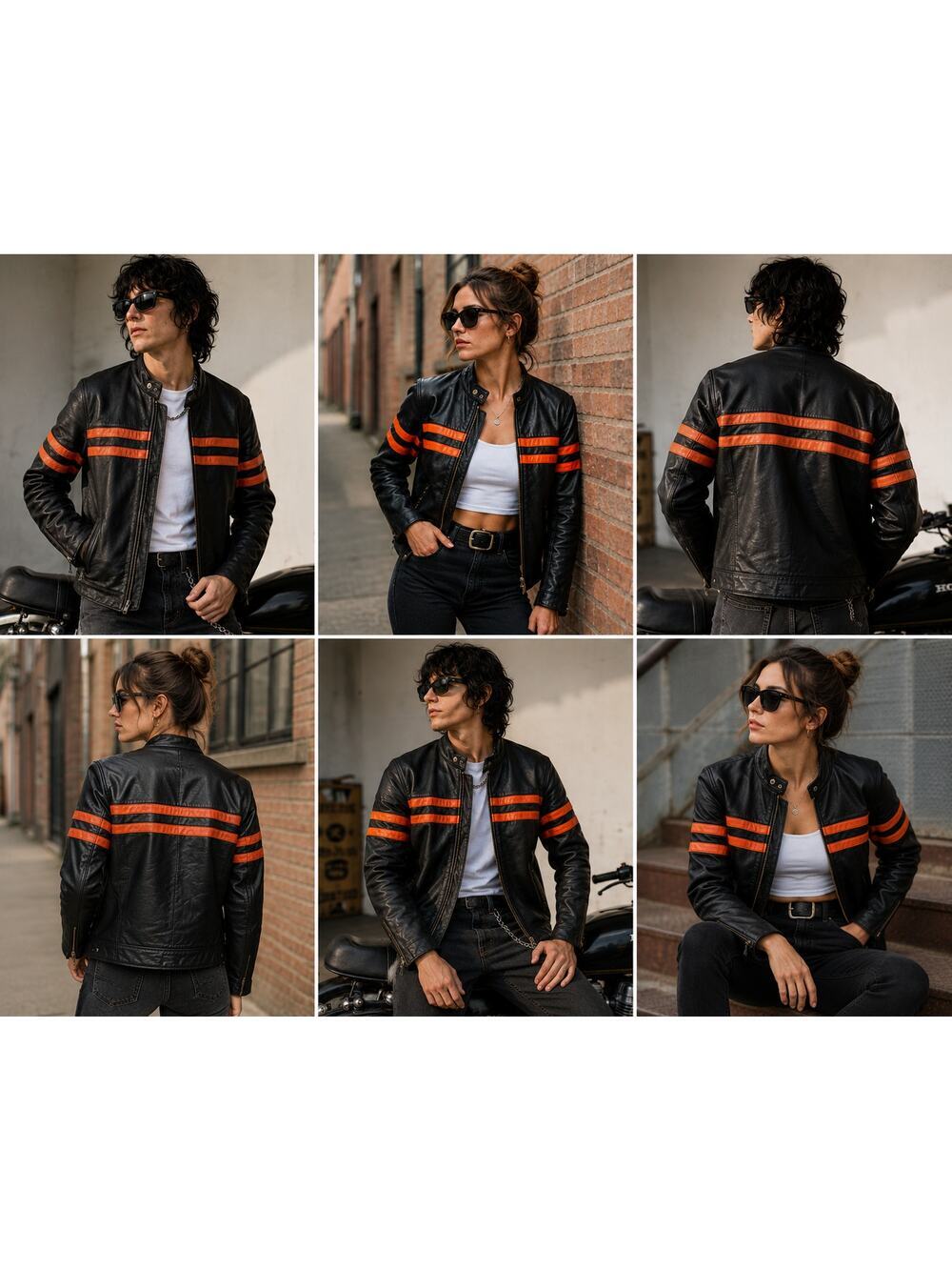 Vintage Leather Cafe Racer Motorcycle Jacket Mens Medium Black Orange Stripe